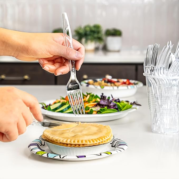 Amazon Basics Disposable Clear Plastic Cutlery Set, Premium Quality, Strong, 192 Count, Large Combo Pack Forks, Spoons and Knives (Pack of 6)