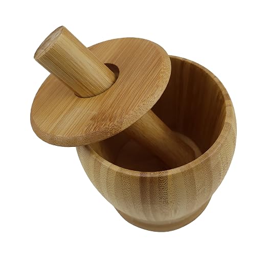 EIKS Bamboo Mortar & Pestle with Lid, Seasoning Crusher Bowl | For Grinding Garlic, Spices, Herb, Ginger, Peppercorns, Sesame, Kitchen Tool