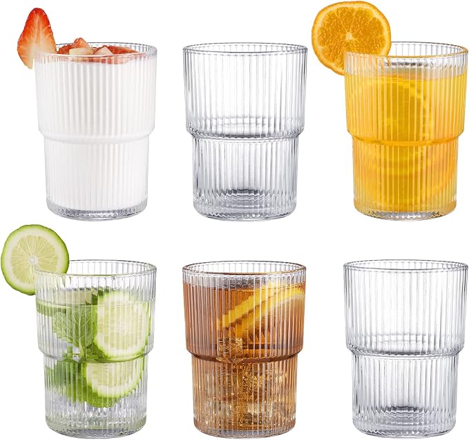 6PCS Ribbed Drinking Glasses,14Oz Stackable Glass Cup Set for Bar & Kitchen | Fluted Designed,Vintage Clear Water Glasses for Cocktail & Juice & Coffee,Versatile cup,gifts,party,wedding