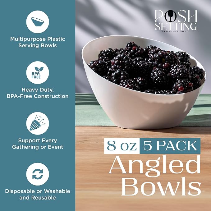 5 Pack White Angled Plastic Serving Bowls Disposable for Party Table 8oz | Angled Bowl Design. Chip, Candy, Salad & Fruit Use. Disposable Party Tableware. Buffet & Wedding Serving. White Plastic.