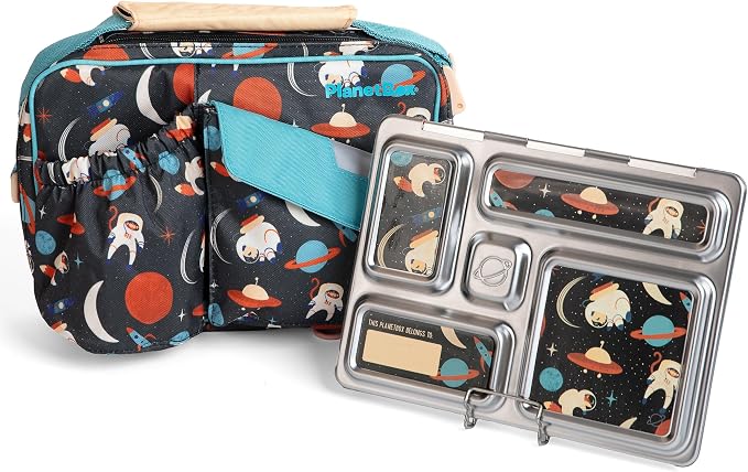 PlanetBox Rover Stainless Steel Bento Box Style Lunch Box Kit for Kids with 5 Compartments – Space Animals Edition includes Insulated Lunch Bag, Leakproof Food Containers and Matching Magnets