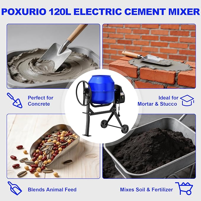 120L Electric Cement Mixer, 4.3 Cubic Ft. 450W 3/5HP Portable Concrete Mixer Machine with Stand And Wheels for Stucco, Mortar, Seeds, Blue-2026 Upgraded