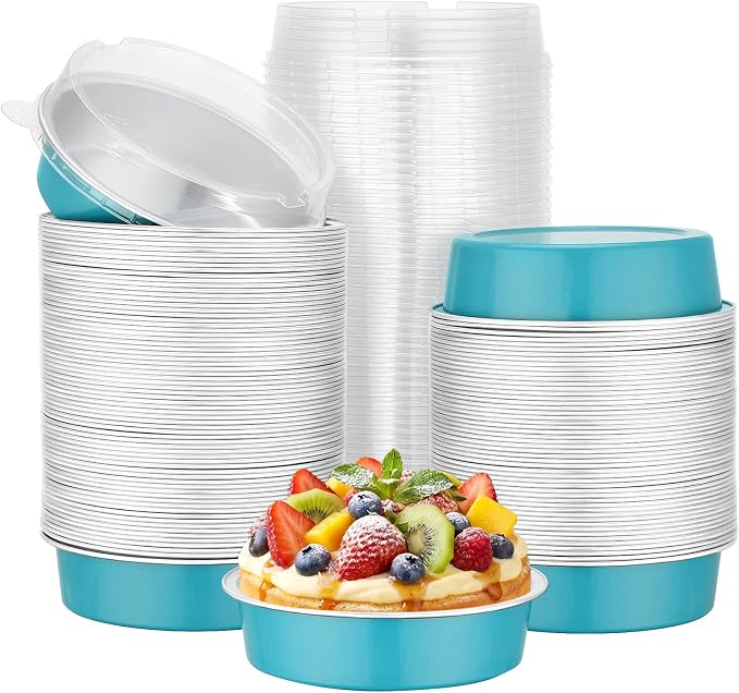 Beasea Disposable Mini Pie Tins with Lids, 120 Pack 7.3oz Blue Green Aluminum Foil Ramekins Small Pie Tart Tin Pans Cake Baking Cups Round Individual Tart Cheesecake Containers for Party Wedding