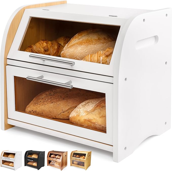 Arise Stylish Bamboo Bread Box for Kitchen Countertop, Extra Large 2-Shelf Wooden Bread Storage Container with Clear Windows and Air Vents Keep Bread, Bagels and Rolls Fresh, Self Assembly | Bread Storage Container with Clear Windows & Air Vents, Bread...