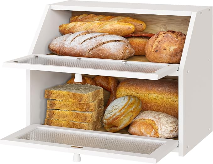 White Bread Box, Bamboo Wood Bread Box for Kitchen Counter, Double-layer Bread Storage Bin, Acrylic glass with Diamond Patterns (White, Large)