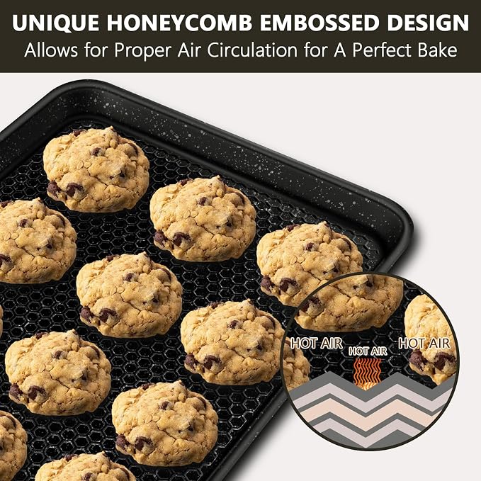 Wildone Baking Sheet Pan Set of 2, Honeycomb Embossed Nonstick Cookie Sheet | Thicker Carbon Steel Jelly Roll Pan Oven Tray 15x10 Inch, Heavy Duty & Easy Clean, Black