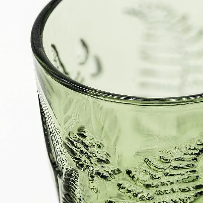 Green Drinking Glasses Set of 4, 16 oz Glass Cups, Vintage Fern Glassware | Hand-Pressed, Dishwasher Safe, Boho Leaf-Textured Drinkware, Embossed Highball Tumblers for Water, Retro Kitchen Gift