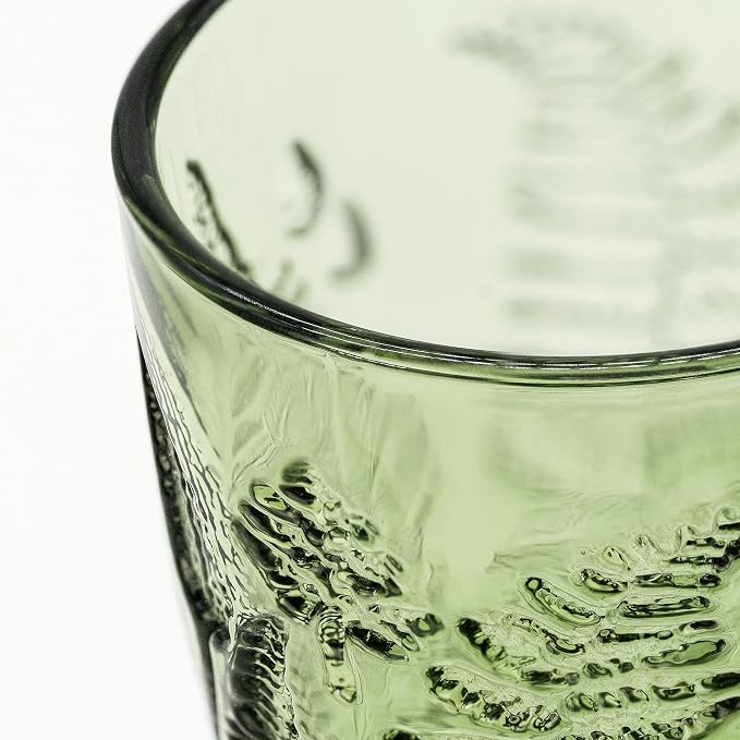 Green Drinking Glasses Set of 8 - 12 & 10 oz, Vintage Boho Fern Glass Cups | Hand-Pressed, Dishwasher Safe, Leaf-Textured Glassware, Colored Embossed Highball & Lowball Tumblers for Water, Retro Kitchen