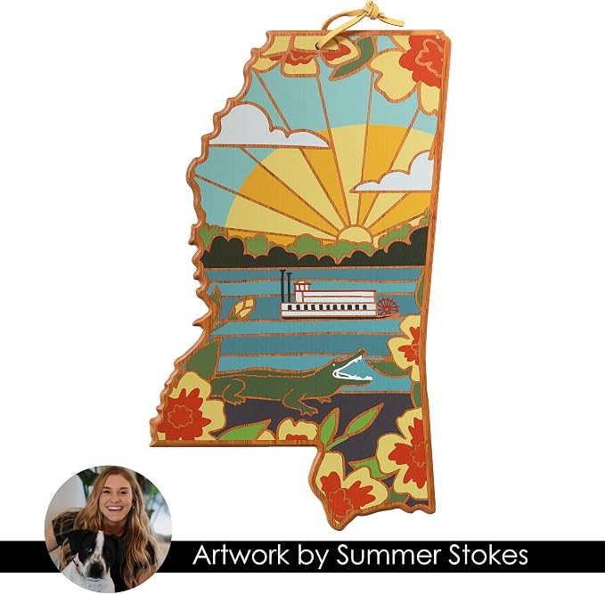 Totally Bamboo Mississippi State Shaped Cutting Board, Summer Stokes Art | State charcuterie board with colorful hand-drawn landscape art. Smooth reverse side for food prep. Hang tie for wall display.