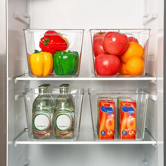 Vtopmart 4 Pack Clear Storage Bins, Pantry Storage Bins with Handle, Large | Plastic Pantry Organizer Containers for Kitchen, Refrigerator, Fridge, Cabinet, Countertops, Home Organization and Storage
