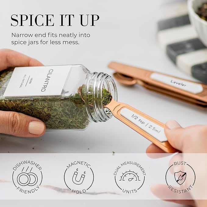 Styled Settings Copper Measuring Spoons Set with Leveler, 8-Piece | Double-Sided Nesting Magnetic Measuring Spoons, Stackable & Spice Jar Friendly -Stylish Copper Kitchen Accessories for Baking