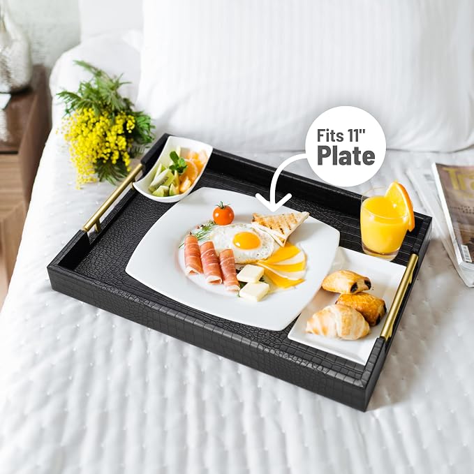ATZYmolin 17"x12" Leather Serving Tray, Gold Handle Vanity Platter, Black | Rectangle Ottoman Decor Tray, Polished Metal Handles, Coffee Table Bathroom Home Decorative Wood Tray
