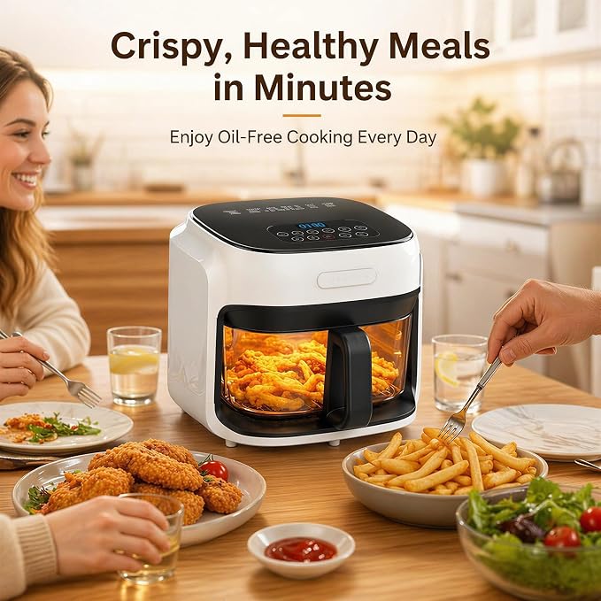 7.4QT Glass Air Fryer with Glass Basket, White | Visible Window Lid, Digital Control, 360° Air Circulation, Oil-Free Cooking & Baking, Nonstick, Dishwasher Safe Easy Clean