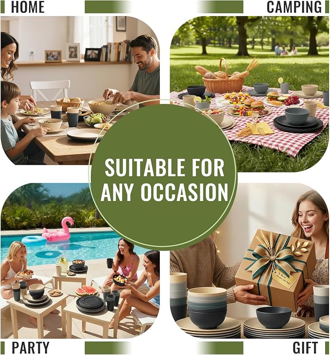 40 PCS Wheat Straw Dinnerware Set | Service for 8 Plastic Dishes Set Unbreakable Plates and Bowls Sets, Drinking Glasses, Dishwasher and Microwave Safe Dish Set for KItchen - Gray Stone