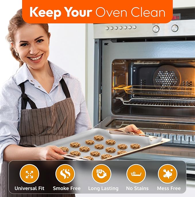 Oven Liners for Bottom of Oven - 17"x 25" Large Heavy Duty Non-Stick 2 Pack | Resistant to 500°F, BPA & PFOA Free, Reusable, Fits Electric, Gas, Toaster, Microwave Ovens & Grills, Spill Guard, Silver
