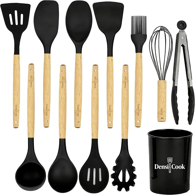 Silicone Utensils Set for Cooking - 12 Piece Set&BPA Free（Black） | Heat resistance: 446°F、dishwasher safe、non-toxic / BPA free、for nonstick cookware & baking