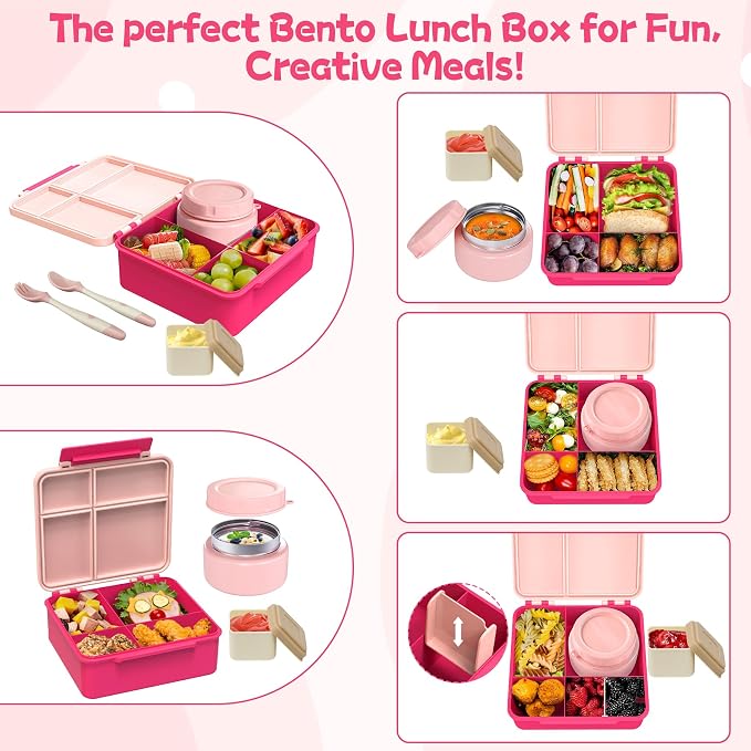 Aimsnk Lunch Box Kids with Thermo Insulated Lunch Bag for School, Pink | Bento Lunch Box for Kids with 8oz Food Jar, Leak Proof Hot Lunch Containers with 4 Compartment, Warm Lunchbox for Toddler