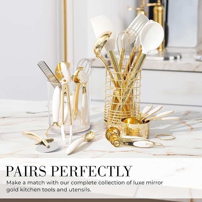 Styled Settings White & Gold Cooking Utensils Set, 8-Piece | Kitchen Utensils Set Includes Can Opener, Tongs and Garlic Press, White and Gold Kitchen Accessories for Kitchens