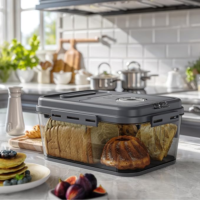 Olimingse Bread Box For Kitchen Countertop, Airtight Bread Storage Container, Bread Container For Homemade Breads, Cookies, And Cake, Grey Bread Keeper