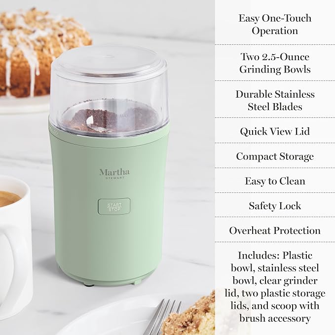 Martha Stewart Electric Coffee & Spice Grinder with Dual Bowls, Honeydew | Dual 2.5oz Removable Bowls for Coffee Beans, Nuts, Herbs & Spices, Stainless Steel Blade, One-Touch Pulse Control, Easy Clean
