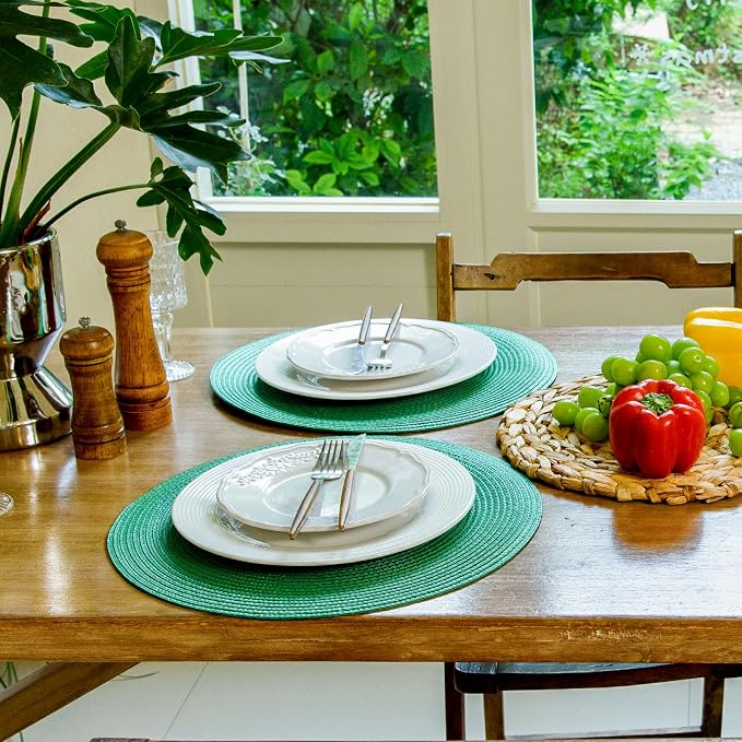 FunWheat Round Braided Placemats Set of 4 Table Mats for Dining Tables Woven Washable Non-Slip Place mats 15 inch(Holly Green, 4pcs)