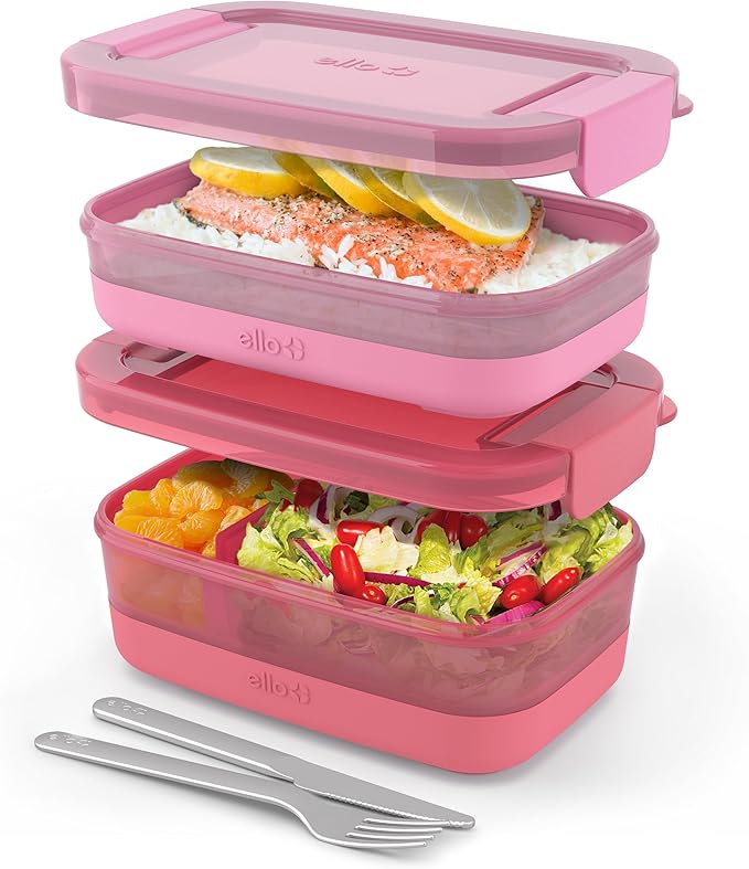 Ello Lunch Stack Bento Box, 2-Pack Guava One Size | Leakproof bento box food containers, 2 pack. BPA-free, great for meal prepping, school & office lunches, and leftovers.