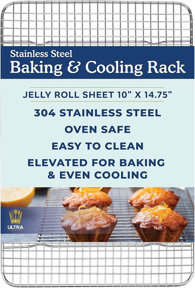 Stainless Steel Baking Rack - 10 x14.75 inch Jelly Roll Wire | 100% Stainless Steel, Oven-Safe, Dishwasher-Safe, Heavy Duty Tight-Wire, Sheet Pan Cooling Racks, Easy to Clean, Roasting