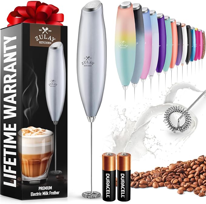 Zulay Powerful Milk Frother for Coffee with Upgraded Titanium Motor - Handheld Electric Whisk, Milk Foamer, Mini Mixer & Coffee Blender for Frappe, Latte, Matcha, No Stand - Beta Silver