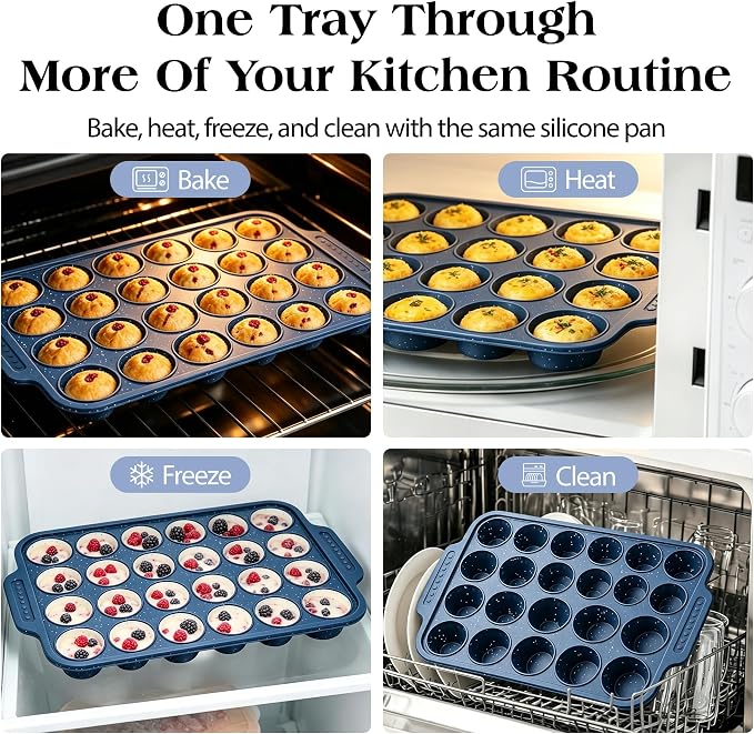 Silicone Muffin Pans for Baking with Metal Reinforced Frame | Nonstick 24-Cup Mini Size Cupcake Tray for Egg Bites, Muffins & Cupcakes, Dishwasher Safe, Titan Blue, 1 Pc