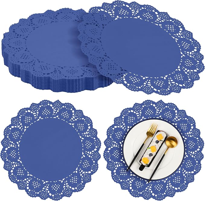 MCEAST 100 Pack Round Blue Paper Doilies 13.5 Inches Lace Place Mats Rustic Scallop Doily Disposable Paper Table Pads for Food Cakes Crafts Party Weddings Tableware Decor