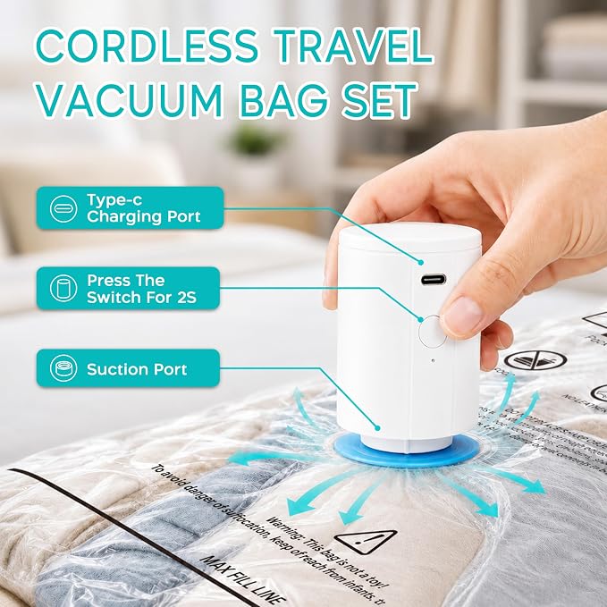 Travel Vacuum Bags with Pump, 80% Space Saver Vacuum Seal Bags for Clothing Travel, 12 Pack Vacuum Sealer Bag with Rechargeable Cordless Pump Set for Luggage, Clothes & Traveling (4L/4M/4S)