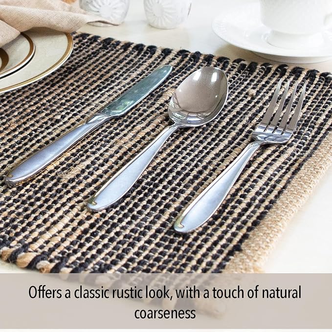 Natural Jute & Black Placemats, Set of 4 – Rustic Handmade Boho Table Mats, 13x19 Inch Dining Table Placemats for Kitchen, Everyday Meals, Holidays, Farmhouse or Modern Table Décor