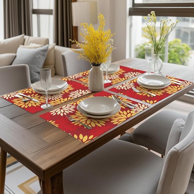 Artoid Mode Floral Vinyl Placemats Set of 6, 12x18 Inch New Year Washable Non-Slip Plastic Vinyl Place Mats for Party Kitchen Dining Decor, Red