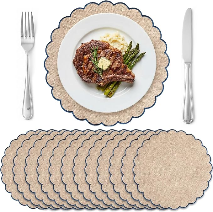 Set of 12 Linen Boho Cotton Placemats 15" Round Scalloped Blue | Double Layered Cotton Fabric, Washable Embroidery, Blue Edge Edge, Rustic Table Mats for Wedding Dining Table Decor