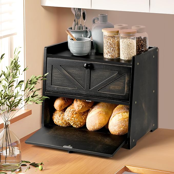 Bamboo Corner Bread Box for Kitchen Countertop 2-Tier Black | Farmhouse Bread Storage Container, Large Pantry Organizers for Homemade Snacks, Loaves, Breathable Keeps Bread Fresh