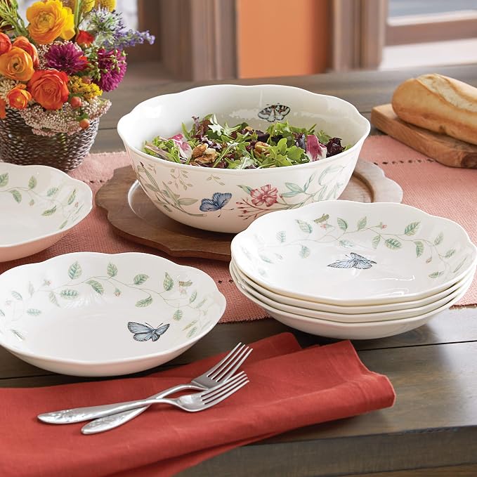 Lenox Butterfly Meadow Porcelain 7-Piece Bowl Set for 2 | dishwasher safe | plates and bowls sets for kitchen and dining | 84oz capacity, 10 inch diameter | 3.5 inch