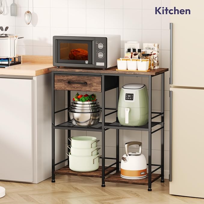 SWTYMIKI Bakers Rack with Storage - Coffee Bar Cabinet Organizer, Coffee Station for Kitchen Dining Room, Microwave Stand with Adjustable Feet, Espresso