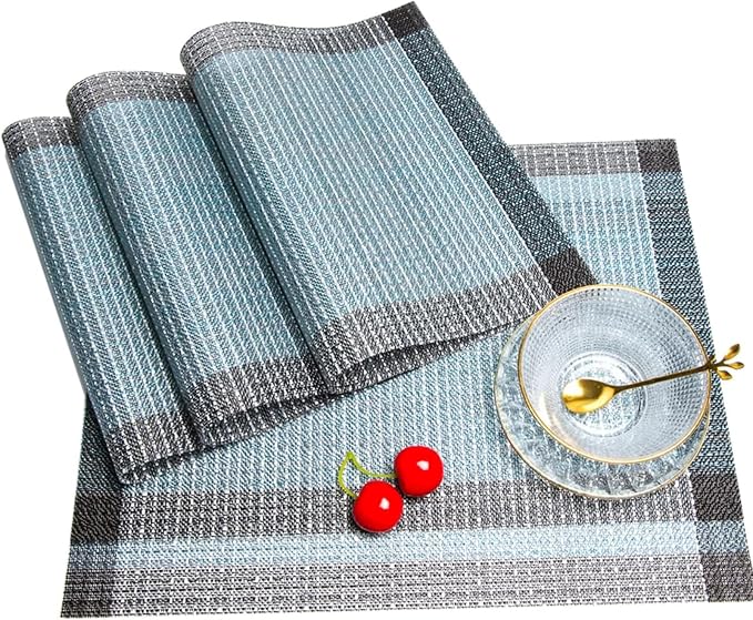 Blue Grey Ethnic Boho Placemats Set of 2, 12x18 Inch Linen Burlap Washable Durable Art Table Mats for Holiday Party Kitchen Dining Room Decoration