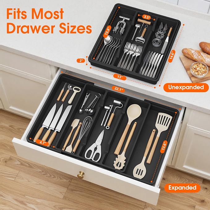 Large Expandable Silverware Drawer Organizer, Utensil Tray | Kitchen Drawer Organizer for Spoons/Forks/Knives, Multipurpose & BPA Free Cutlery Tray(2 Pack, Black)