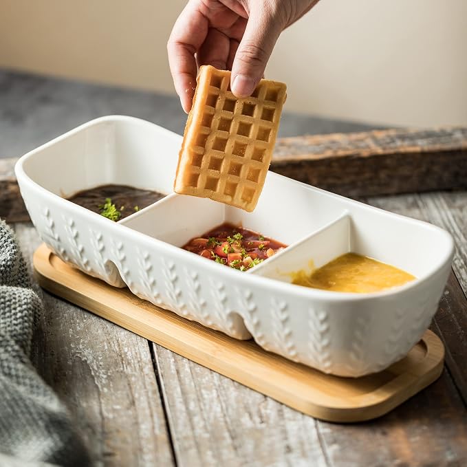 Miamolo Chip and Dip Set Bowl with Divided Serving Tray, Hosting Essentials | Acacia Wood Tray, Ceramic Serving Bowls | Condiment Tray for Dipping Sauces, Party | Kitchen Counter Decor, Microwave Safe