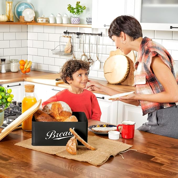 RoyalHouse Modern Metal Bread Box with Bamboo Cutting Board Lid | Bread Storage Container for Kitchen Counter, Vintage Kitchen Decor Organizer - Black