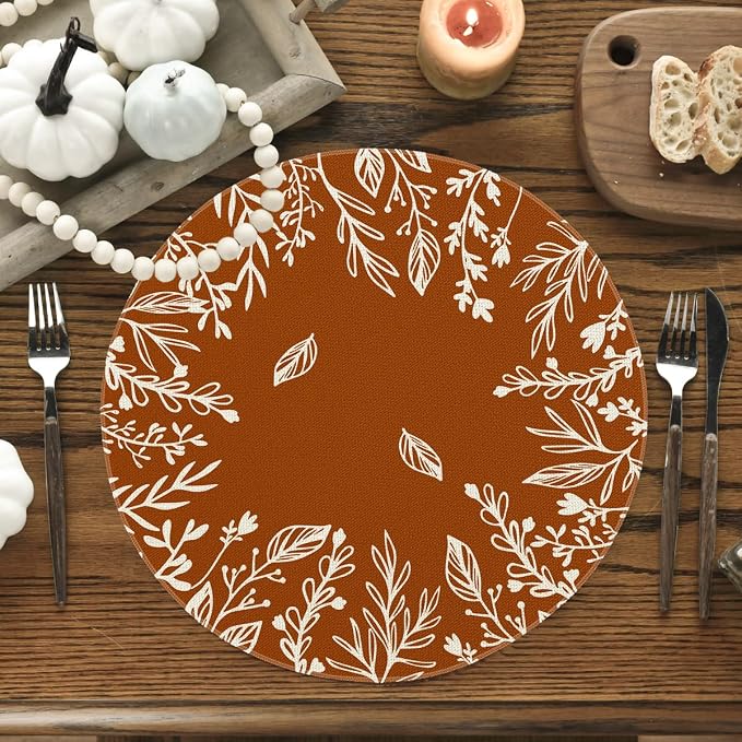 Artoid Mode Rust Eucalyptus Leaves Round Fall Placemats Set of 4-14 Inch | Heat-Resistant, Washable Table Mats, Seasonal Autumn Kitchen Dining Decor