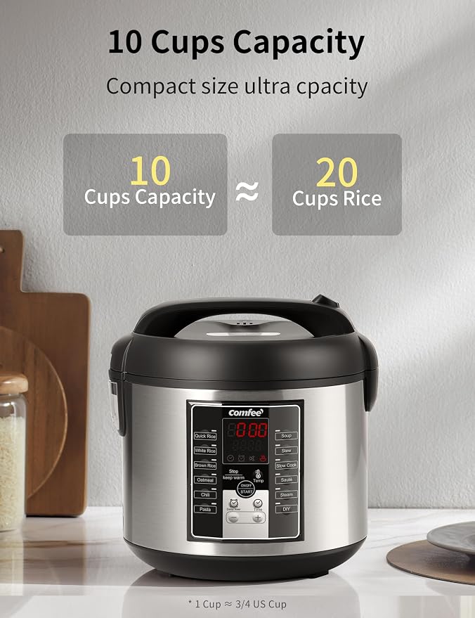COMFEE' Rice Cooker with 6 Functions, Nonstick Pot, 10-Cups Uncooked Rice