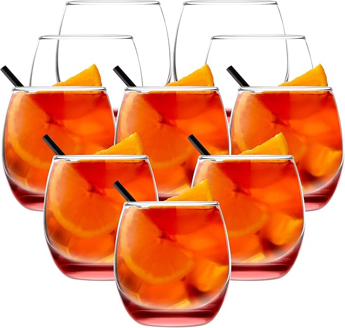 DISCOUNT PROMOS Mikonos Stemless Wine Glasses 11.5 oz. Set of 10, Bulk Pack - Restaurant Glassware, Perfect for Red Wine, White Wine, Cocktails - Red Bottom Color