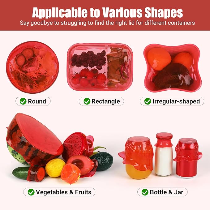 Silicone Stretch Lids for Food Storage in Fridge, Reusable Elastic Bowl Covers for Cup, Cans, Jars, Round & Rectangle Container, Food Grade Silicone Microwave Food Cover, Red, 6PCS