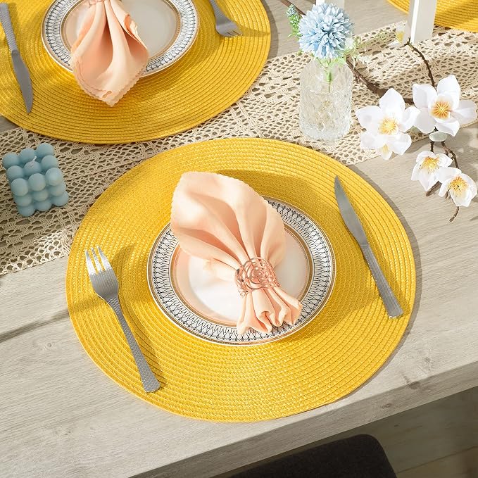 AHHFSMEI Round Placemats Set of 8 Heat Resistant Washable Non-Slip Woven Braided Table Mats for Dining Table Kitchen & Home Decor (Yellow,8)