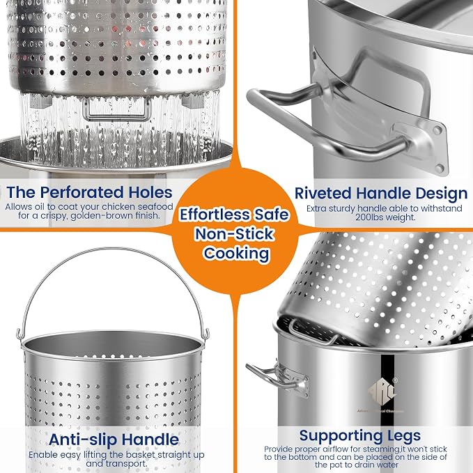 ARC 32QT Stainless Steel Stock pot 6-Piece For Seafood Boil Pot with Basket | Turkey Fryer Pot with Strainer-Steamer Rack-Divider-Lift Hook-Tube-Cookware for Crawfish Crab Shrimp Lobster Boiling, Tamale