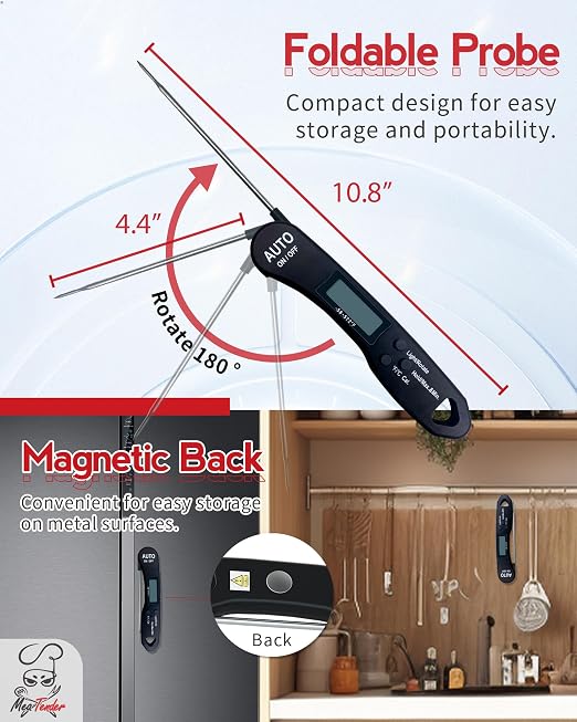 Ultra-Fast 1.2s Instant Read Meat Thermometer for Grilling & Smoking, ±1°F Accuracy with Calibration, Reversible Backlit LCD for Left/Right Hand, Magnetic Digital Food Thermometer for BBQ, Candy, Oil
