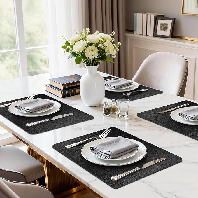 Faux Leather Placemats Set of 6 Heat Resistant Table Mats 17×12 Inch | Waterproof & Wipeable Place Mats Set of 6 Dual Sided Table Placemats for Kitchen Dining Decor Indoor & Outdoor 43×30 CM Black