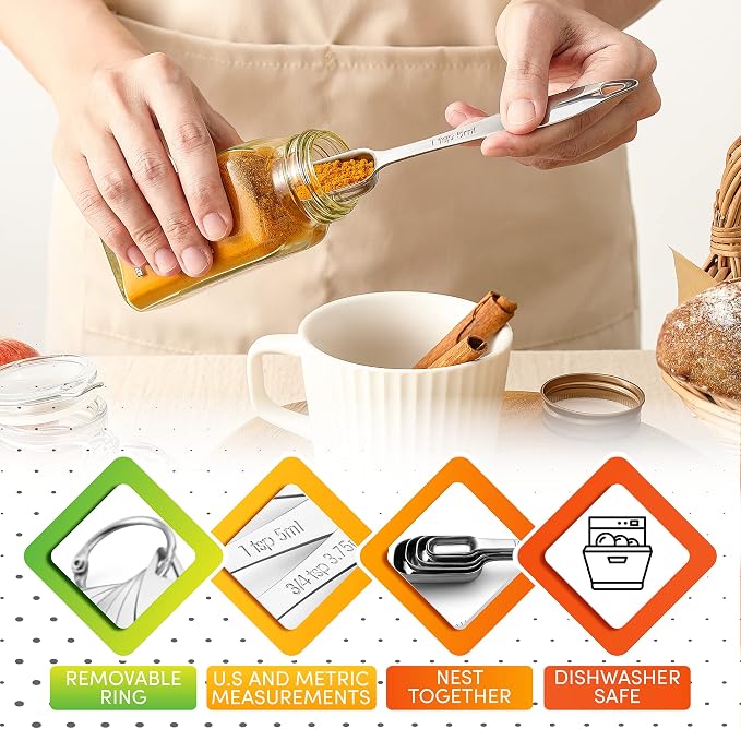 Spring Chef Stackable Stainless Steel Measuring Spoons Set of 6 w/Leveler | Rectangular Metric Metal Teaspoon & Tablespoon Measuring Spoons for Dry & Liquid Ingredients, Fits in Spice Jars, Long Handle